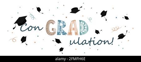 Herzlichen Glückwunsch zum Abschlussbanner, Graduate Cap mit Congragradulations-Schriftzug im skandinavischen Stil. Grußkarte für Abschlussfeier Stock Vektor