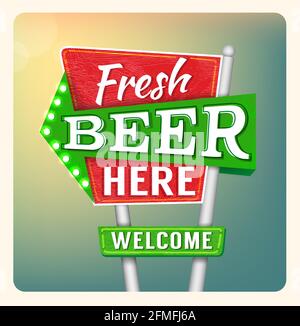 Retro Neon Sign Beer Schriftzug im Stil von American Straßenwerbung im Vintage-Stil der 50er Jahre Stock Vektor