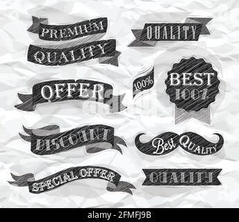 Set von Retro-Bändern und Etiketten mit Textqualität und bestem Angebot, Premium, stilisierte Zeichnung eines Stiftes auf einem zerknitterten Papier Stock Vektor