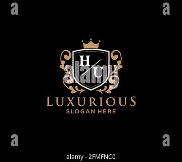 HU Letter Royal Luxury Logo Vorlage in Vektorgrafik für Restaurant, Royalty, Boutique, Cafe, Hotel, Heraldisch, Schmuck, Mode und andere Vektor illustrr Stock Vektor