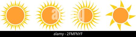 Satz von Sonnen- oder Sonnenvektorsymbolen auf einem weißen, isolierten Hintergrund. Gezacktes Design. Glatte gezackte Strahlen in verschiedenen Sonnen- oder Solardesigns. Stock Vektor