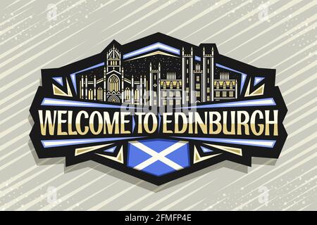 Vektor-Logo für Edinburgh, schwarzer dekorativer Aufkleber mit Liniendarstellung der stadtlandschaft von edinburgh auf dem Hintergrund des Abendhimmels, Kunstdesign Kühlschrankmagnet wi Stock Vektor