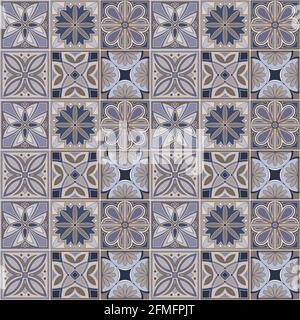 Geometrische Hintergrund quadratische Fliesen mit floralen ethnischen Muster in beige Und blaue Farben Stock Vektor