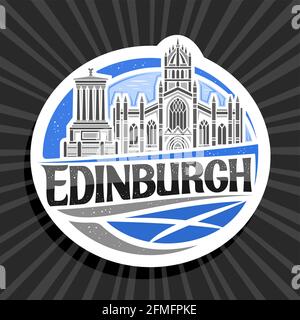 Vektor-Logo für Edinburgh, weißes dekoratives Schild mit Umriss Illustration der stadt edinburgh Landschaft auf Tag Himmel Hintergrund, Kunst-Design Kühlschrank Magnet mit Stock Vektor