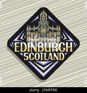 Vektor-Logo für Edinburgh, schwarzes Rhombus-Straßenschild mit Darstellung der stadtlandschaft von edinburgh auf Dämmerungshimmel-Hintergrund, dekorativer Kühlschrankmagnet mit Stock Vektor