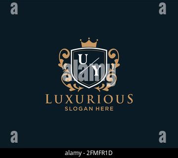 UY Letter Royal Luxury Logo Vorlage in Vektorgrafik für Restaurant, Royalty, Boutique, Cafe, Hotel, Heraldisch, Schmuck, Mode und andere Vektor illustrr Stock Vektor