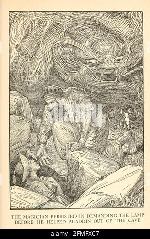 Der Magier bestand darauf, die Lampe zu fordern, bevor er Aladdin aus der Höhle half, aus dem Buch „The Arabian Nights' Entertainments“ Test und Illustrationen von Louis Rhead, veröffentlicht in New York von Harper & Brothers im Jahr 1916. Um ihr Leben zu retten, unterhält Sheherazade den Sultan, indem sie ihm wunderbare Geschichten erzählt Stockfoto