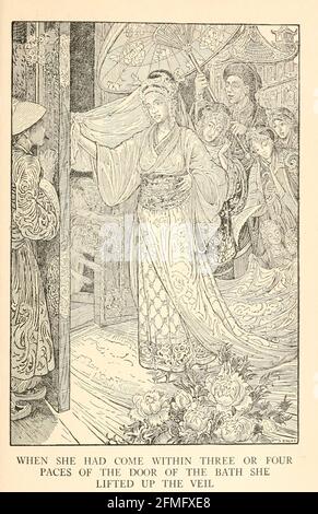 Als sie innerhalb von drei oder vier Schritten von der Tür des Bades gekommen war, hob sie den Schleier aus dem Buch ' The Arabian Nights' Entertainments ' Test and Illustrations von Louis Rhead, veröffentlicht in New York von Harper & Brothers im Jahr 1916. Um ihr Leben zu retten, unterhält Sheherazade den Sultan, indem sie ihm wunderbare Geschichten erzählt Stockfoto