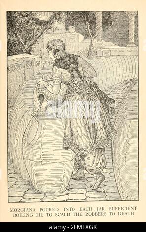 Morgiana goss in jedes Glas ausreichend kochendes Öl, um die Räuber zu Tode zu verbrühen aus dem Buch „The Arabian Nights“ Entertainments Test and Illustrations von Louis Rhead, veröffentlicht in New York von Harper & Brothers im Jahr 1916. Um ihr Leben zu retten, unterhält Sheherazade den Sultan, indem sie ihm wunderbare Geschichten erzählt Stockfoto