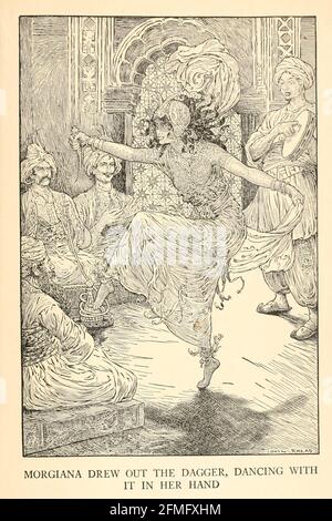 Morgiana zeichnete den Dolch, Dancing With IT in her Hand aus dem Buch „The Arabian Nights“ Entertainments“ Test und Illustrationen von Louis Rhead, das 1916 in New York von Harper & Brothers veröffentlicht wurde. Um ihr Leben zu retten, unterhält Sheherazade den Sultan, indem sie ihm wunderbare Geschichten erzählt Stockfoto