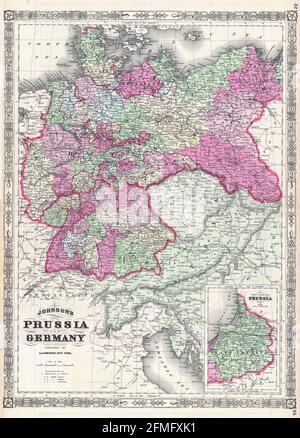 Kupferstich-Kupferstich-Landkarte von Preußen und Deutschland aus dem 19. Jahrhundert. Alle Karten sind wunderschön farbig und illustriert und zeigen die Welt zu dieser Zeit. Stockfoto