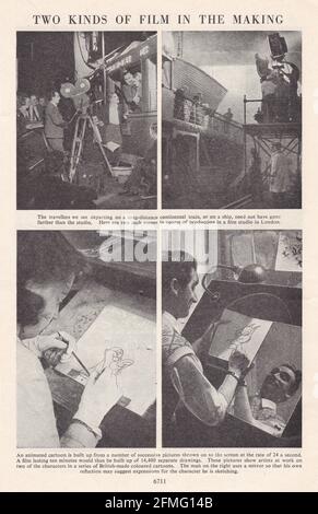 Vintage-Schwarz-Weiß-Fotos von Zug- und Schiffsszenen in einem Studio und britischen Cartoonisten bei der Arbeit in den 1940er Jahren. Stockfoto