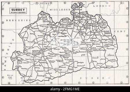 Vintage-Karte von Surrey, UK 1930er Jahre Stockfoto