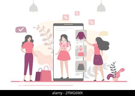 Beauty-Frauen versuchen, Dinge in virtuellen Umkleidezimmer. App auf dem Handy ist eine Online-Umkleidekabine. Banner mit neuen Modetechnologien. Internet Stock Vektor