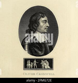 Oliver Cromwell (25. April 1599 – 3. September 1658) war ein englischer General und Staatsmann, der zuerst als Untergebener und später als Oberbefehlshaber während des englischen Bürgerkrieges Armeen des englischen Parlaments gegen König Karl I. führte, Anschließend regierte er von 1653 bis zu seinem Tod im Jahr 1658 als Lord Protector über die Britischen Inseln. Er fungierte gleichzeitig als Staatsoberhaupt und Regierungschef des neuen republikanischen Bürgertums. Kupferstich aus der Encyclopaedia Londinensis oder, Universelles Wörterbuch der Künste, Wissenschaften und Literatur; Band V; herausgegeben von Wilkes, John. Veröffentlicht in Lo Stockfoto