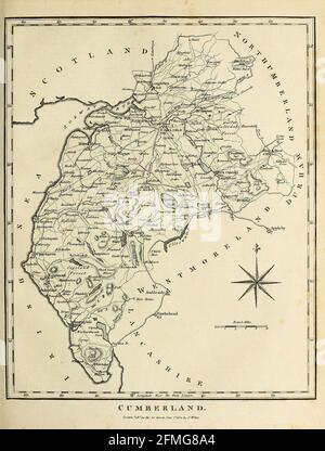 Cumberland ist eine historische Grafschaft im Nordwesten Englands, die vom 12. Jahrhundert bis 1974 eine administrative Funktion hatte. Es grenzt im Nordosten an die historischen Grafschaften Northumberland, im Osten an die Grafschaft Durham, im Südosten an Westmorland, im Süden an Lancashire und im Norden an die schottischen Grafschaften Dumfriesshire und Roxburghshire. Es bildete von 1889 bis 1974 einen Verwaltungsbezirk (ohne Carlisle von 1914) und gehört heute zu Cumbria. Kupferstich aus der Encyclopaedia Londinensis oder, Universelles Wörterbuch der Künste, Wissenschaften und Literatur; Band V; Stockfoto