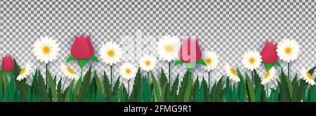 Weiße Gänseblümchen und Rosen im Gras auf einem isolierten transparenten Hintergrund. Papierformat. Vorlage für Banner, Poster, Präsentation. Vektor Stock Vektor