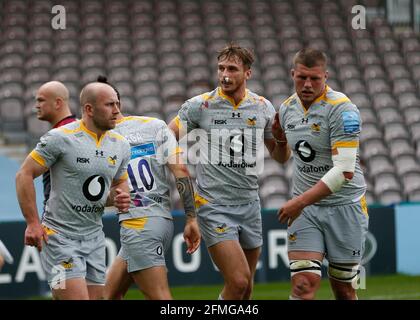 Twickenham Stoop, London, Großbritannien. Mai 2021. Englische Premiership Rugby, Harlequins versus Wesps; Josh Bassett von Wesps feiert, wie er für Wesps punktet Kredit: Action Plus Sports/Alamy Live News Stockfoto