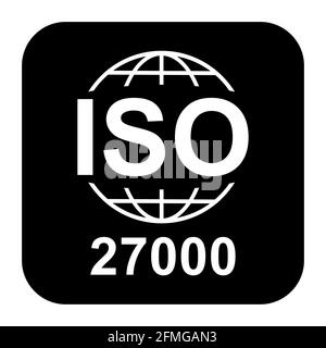 ISO 27000-Symbol. Information Security Management System. Symbol für Standardqualität. Vektor-Button-Zeichen auf schwarzem Hintergrund isoliert. Stock Vektor