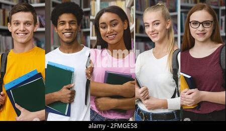 Sammlung Verschiedener Millennials Mit Büchern In Der Bibliothek, Collage Stockfoto