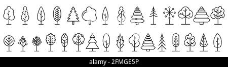 Große Reihe von Symbolen für lineare Bäume. Symbole für isolierte Gliederungsbäume. Baumsymbole werden in flacher Linienart festgelegt. Schwarze Vektorgrafiken Stock Vektor