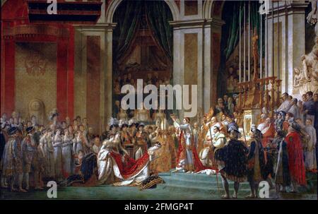 Jacques Louis David - die Krönung Napoleons I. ( 1805- !807 ) -Joséphine kniet während seiner Krönung in Notre Dame vor Napoléon. Hinter ihm sitzt Papst Pius VII Stockfoto