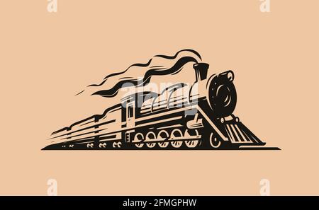 Retro Dampflokomotive Transportskizze. Zug Symbol Vintage Vektor Illustration Stock Vektor