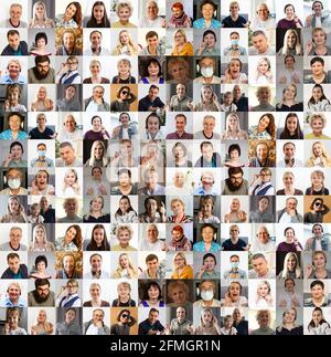 Hunderte von multirassischen Menschen Menschenmenge Porträts Kopfaufnahmen Sammlung, Collage Mosaik. Viele viele multikulturelle verschiedene männliche und weibliche lächelnde Gesichter Stockfoto