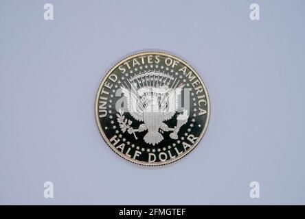 Half Dollar Coin fünfzig Cent isolieren auf weißem Hintergrund. John F. Kennedy Stockfoto