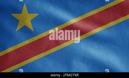Demokratie kongolesische Flagge winkt auf Wind. Banner der Demokratischen Republik Kongo, das Seide weht. Stoff Stoff Textur Fähnrich Hintergrund. Verwenden Sie es für nationale Stockfoto
