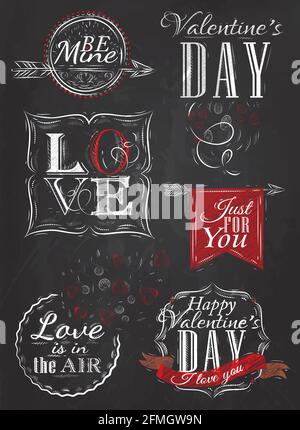 Valentine's Day and Love Lettering Kollektion von Valentine's Day aus für die Zeichnung stilisierten Buchstaben mit Kreide aus Rot auf der Tafel. Stock Vektor