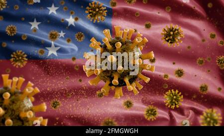 3D, samoanische Flagge winkt mit Coronavirus-Ausbruch, der die Atemwege als gefährliche Grippe infiziert. Influenza-Typ Covid 19-Virus mit nationalen Samoa-Bann Stockfoto