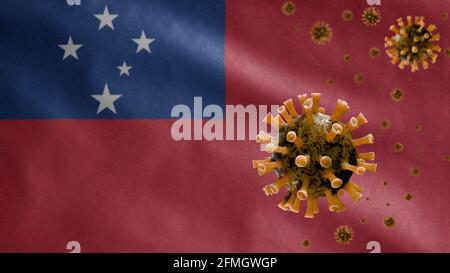 3D, samoanische Flagge winkt mit Coronavirus-Ausbruch, der die Atemwege als gefährliche Grippe infiziert. Influenza-Typ Covid 19-Virus mit nationalen Samoa-Bann Stockfoto