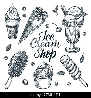 Eisdiele oder Café Design-Elemente gesetzt, isoliert auf weißem Hintergrund. Vektor handgezeichnete Skizze Illustration von Sommer Dessert und Snacks Stock Vektor