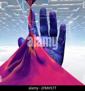 Zeitlineal. Spiraluhr auf menschlicher Handfläche. 3D-Rendering. Stockfoto