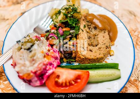 Gesunder veganer vegetarischer Thanksgiving-Speiseteller mit gefälschter putenimiation Fleisch mit Tomaten Gurken Salat Gemüse und Soße Stockfoto