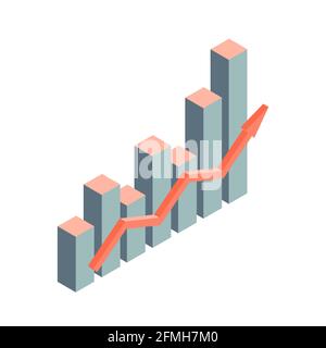 Grafische Darstellung des finanziellen Wachstums und Fortschritts mit einem Pfeil. Isometrischer Stil. Isolierte Illustration zum Thema Geschäft und Erfolg. Weißer Hintergr Stockfoto