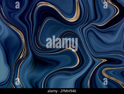 Blaue Achat Marmor fließende Stein Textur mit Gold. Blue Fluid Marmoreffekt mit Goldvene. Abstrakter Achat-Hintergrund. Abbildung Stockfoto