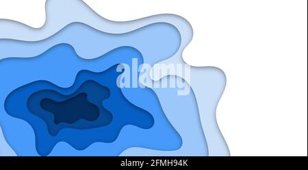 Abstraktes blaues Meer, Reisen, Sommerhintergrund. Papier schneidet blaue Wellen. Banner, Einladung, Poster, Webdesign. Papierschnitt-Stil, 3d-Effekt. Platz für Text Stockfoto
