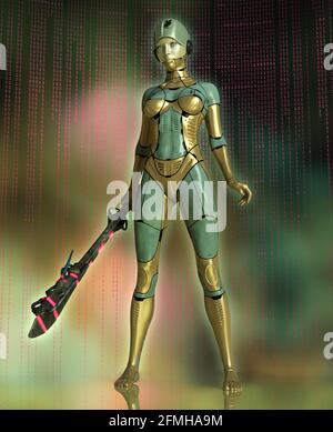 3d-Computergrafik eines Cyborg mit einem futuristischen Stick Stockfoto