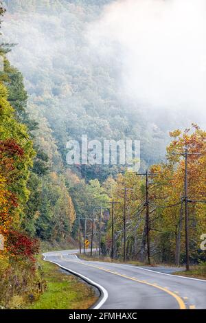 Vertikale Ansicht des nebligen Nebels neblige ländliche Landschaft szenische Autobahn In West Virginia fallen im Nebel Herbstaufgänge durch Windungen Straße bei Monongahela National Stockfoto