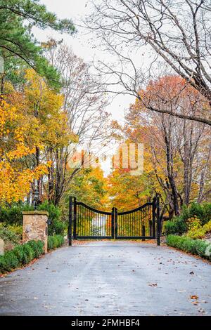 Land ländliche gepflasterte Straße zum Anwesen mit Toren Tor, bunte Herbst Bäume Laub in Virginia Stockfoto
