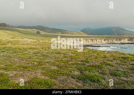 Montana de Oro State Park, Kalifornien. Felsige Klippen, grüne Hügel mit einheimischen Pflanzen und Pazifik mit einem wunderschönen bewölkten Himmel im Hintergrund Stockfoto