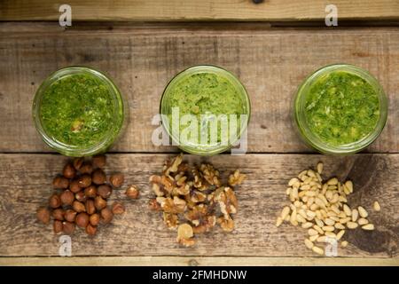 Beispiele für Bärlauch-Pesto, das mit verschiedenen Nüssen hergestellt wurde. Links-rechts-Pesto aus Haselnuss und Bärlauch, Pesto aus Walnuss und Bärlauch und Kiefer Stockfoto