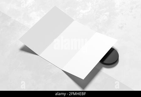 Dreifach gefaltet - dreifach verzweigter Prospekt isoliert auf modernem weißen Hintergrund. 3D-Illustration Stockfoto
