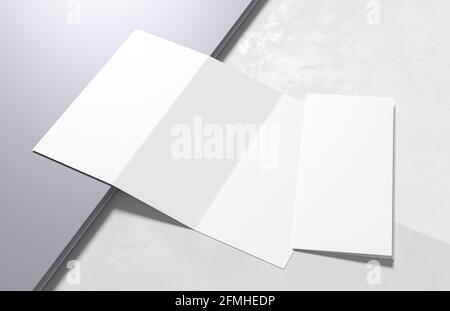 Dreifach gefaltet - dreifach verzweigter Prospekt isoliert auf modernem weißen Hintergrund. 3D-Illustration Stockfoto