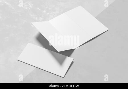 Dreifach gefaltet - dreifach verzweigter Prospekt isoliert auf modernem weißen Hintergrund. 3D-Illustration Stockfoto