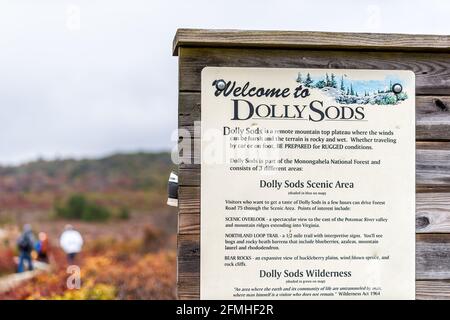 Davis, USA - 5. Oktober 2020: Herbstsaison und Schild am Trailhead für Bear Rocks Trail in Dolly Sods Wilderness in West Virginia Mononga Stockfoto