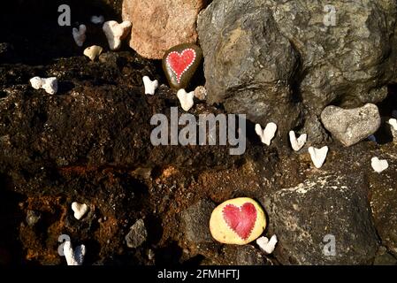 Herzförmige Korallen und Steine, bemalt mit leuchtend roten "Liebesherzen", in vulkanischen Felsen am Ufer des Sandy Beach Park, Oahu, Hawaii, USA platziert Stockfoto