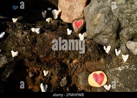 Herzförmige Korallen und Steine, bemalt mit leuchtend roten "Liebesherzen", in vulkanischen Felsen am Ufer des Sandy Beach Park, Oahu, Hawaii, USA platziert Stockfoto